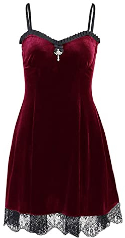 XKBHYD Womens Gothic Velvet Dress Punk Grunge Camisole Dress Moon Emo Sleeveless Halter Midi Dresses Lolita Fairy Dress