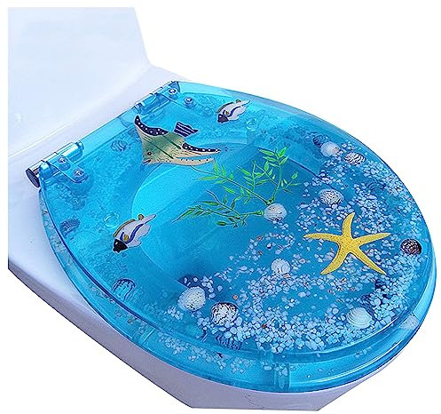 Toilettensitz mit Absenkautomatik, runder Toilettensitz mit langsamer Schließung, einfache Installation, robuster Toilettendeckel und runder Sitz mit blauem Fisch, bequemer Toilett