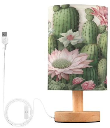 SKYSHU Lampe de chevet en forme de cactus - Petite lampe de bureau LED USB avec base en bois antidérapante et abat-jour agréable pour les yeux - Pour salon, chambre à coucher, dortoir, maison, bureau