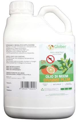 Glober Antizanzare Giardino Uso Esterno 100% bio naturale Made in Italy - Concentrato Liquido 5 Litro - Repellente Zanzare a base di Olio di Neem Orange Plus - Antizanzare Prato e Orto