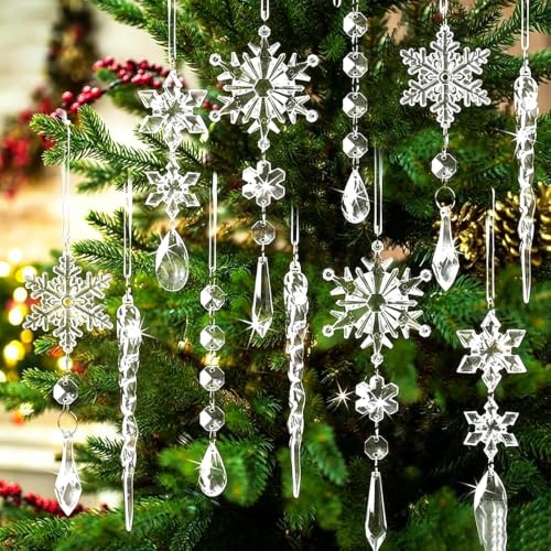 Wjelet 18 Pcs Christmas Tree Decorations Clear Acrylic Crystal Christmas Hanging Decorations Include Snowflake Icicle Reindeer Tree & Candy Cane Ornaments with Strings for Home Décor