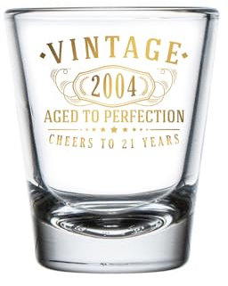 Vintage 2004 Gold Printed 1.75oz 1pk Shot Glass - Happy 21st Birthday Gifts Women Men, Cheers to 21 Years, Turning 21 Woman Decorations Decor, Anniversary Bday Party Favors, Best Gift Ideas 1.0