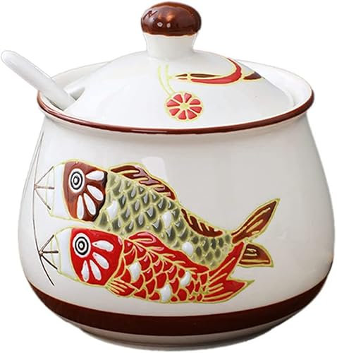 Sucrier vintage en céramique avec couvercle motif poisson dessiné à la main style nordique rétro cruche et pot à épices pour café, bar, restaurant, pot de rangement en porcelaine bleue, 500 ml