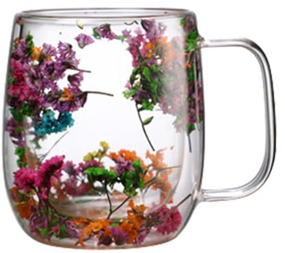 Amesor Dried Flowers Glass Tea Cup, Double Walled Coffee Mugs, Clear Insulated Glass Cup with Handles, for Latte, Cappuccino, Macchiato, Milk Coffee, Juice, Hot or Cold Drinks