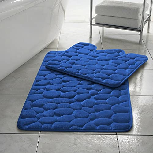 EXQUIZIT HOME® Lot de 2 tapis de bain de luxe en mousse à mémoire de forme - Tapis de salle de bain antidérapant à motif galet et tapis de contour, séchage rapide ultra absorbant tapis moelleux
