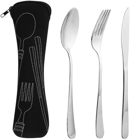 3 Piece Camping Set with Knife, Fork, Spoon Camping Cutlery, Stainless Steel Cutlery Set with Bag,Travel Camping Flatware for Outdoor Travel Picnic Office School Lunch Box (Black)