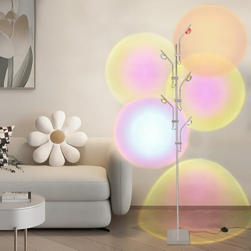 LED Floor Lamp Halo Projector Lights for Bedroom,Tall Standing Lamp Replaceable Color Filter,Ambient Lighting,Colour Changing Lamp Livingroom Decor,Mood Light,Chrome,Warm 3000K,15W,360°Adjustable