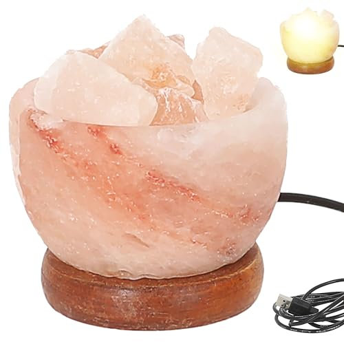 Cepewa Lampada a LED in cristallo di sale | Ø 9 cm cavo USB-A MDF | sale 'Salt Range Pakistan' | ciotola di sale con pietre di sale su base in legno (ciotola per lampada in cristallo di sale)