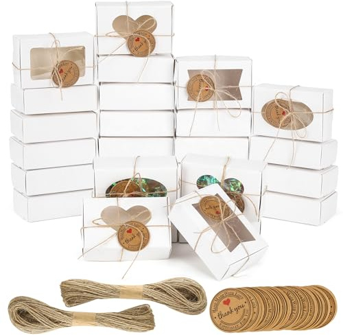 dsDAEDK 28 Stück Weiße Kraftpapier Box, 4 Arten von Pappschachteln mit Deckel, Faltschachtel mit Etiketten und Schnur, Pralinenschachteln zum Befüllen für Schmuck, Muffins, Süßigkeiten (9 * 6 * 3cm)