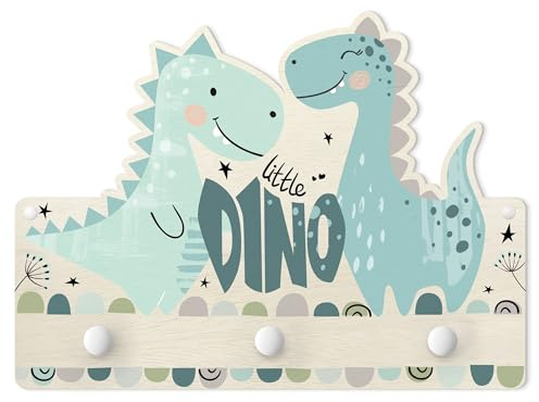 micasia Kindergarderobe Holz Druck kindgerechtes Design - Made in Germany - Dinosaurier mit Motiv Hakenleiste für Kinderzimmer grün Flur Kindergarderobenleiste 1040 (40x30cm)