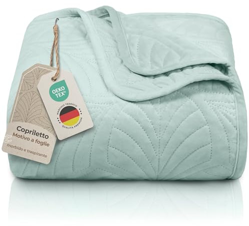 Gräfenstayn copriletto trapuntato matrimoniale 220x240 cm estivo in poliestere – certificato OEKO‑TEX, antigualcitura, decor foglia – elegante coperta letto & sofà (verde menta)