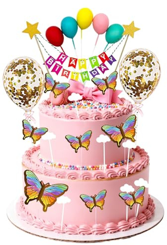 Happy Birthday Tortendeko Geburtstag, 22 Stück Regenbogen Tortendeko Bunting Kuchendeko Geburtstag Mädchen Junge, Cake Topper Kuchen Deko mit Schmetterlinge Luftballon Banner