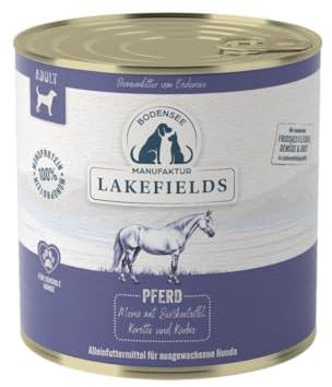 Lakefields Premium Hundefutter Nass | Pferd 60% | 6x800g | Getreidefreies Nassfutter für Hunde | Natürliche Zutaten in Lebensmittelqualität | Süßkartoffeln, Karotte und Kürbis | Schonend gegart
