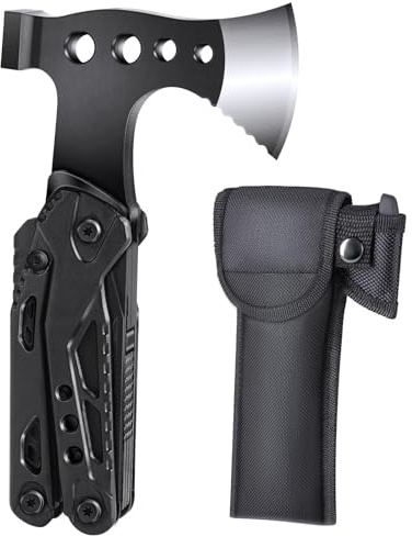 ISEYOU Multitool Beil 16-in-1, Axt Klein Multifunktionswerkzeug aus Edelstahl mit Hammer, Säge & Bit-Set, Robustes Camping Zubehör & Survival Ausrüstung, Geschenke für Männer & Väter
