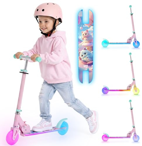 LUMI RIDE Sparkcykel Barn 2 hjul, trehjuling skoter från 3 år, LED - 7 färger, 20 program - 3 nivåer av styrhöjdsjustering, fotbroms, avtagbara handtag (Ljusrosa med kattungar)