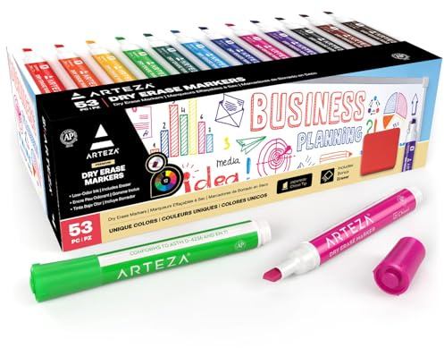 ARTEZA Whiteboard Pens, Pack of 52 (with Chisel Tip), 12 Assorted Colours with Low-Odour Ink, Dry Erase Marker Set for School, Office, or Home