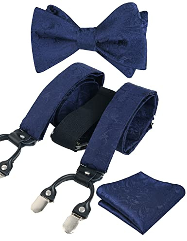Alizeal Paisley Suspenders and Self Tied Bow Tie for Men with Pocket Square Set, Navy