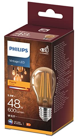 PHILIPS LES Classic E27 Vintage Lampe, 48 W, Vintage Dekolampe, Tropfenform, klar, gold, flame