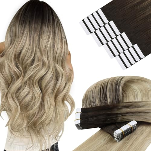 YoungSee 60 cm Tape Extensions Echthaar Balayage Tape in Extensions Lang 50g Echthaar Extensions Tape Dunkelbraun Ombre Braun Blond Tape Haarverlangerung Echthaar Remy fur Damen 50g #4/14/60