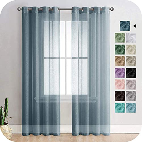 MRTREES Voile Gardinen Vorhang halbtransparent kurz mit Ösen in Leinenoptik Stores Gardinen Schals für Wohnzimmer Schlafzimmer Kinderzimmer Dunkelblau 225×140cm (H×B) 2er Set