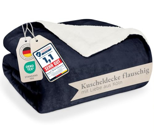 Blumtal Premium Sherpa Kuscheldecke flauschig 220x240 cm - Oeko-Tex zert. Sofa Decke mit Dicker Sherpa-Innenseite - super Flauschige Decke extra dick und wärmend - Cozy Fleecedecke - Dunkelblau