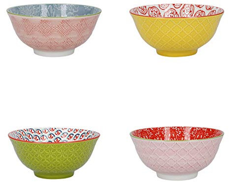 KitchenCraft Gemusterte Müslischale 4er Set in Geschenkbox, Keramikschalen ideal für Eis, Suppe und mehr, 'Brights' Designs, 15cm
