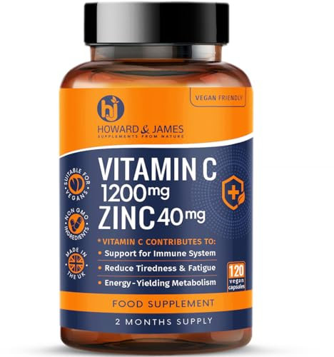 Vitamin C 1200mg and Zinc 40mg per Daily Serving - 120 High Strength Vegan Capsules with Ascorbic Acid - 2 Month Supply - Made in The UK by Howard & James