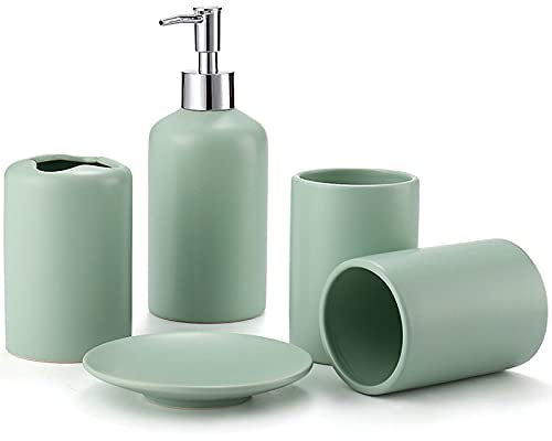 YUNM Bad Zubehör Set Mit Seifenspender, Seifenschale Und Zahnputzbecher, Zahnbürstenhalter, Badezimmer Zubehör Set, Edles Bad Zubehör Grün