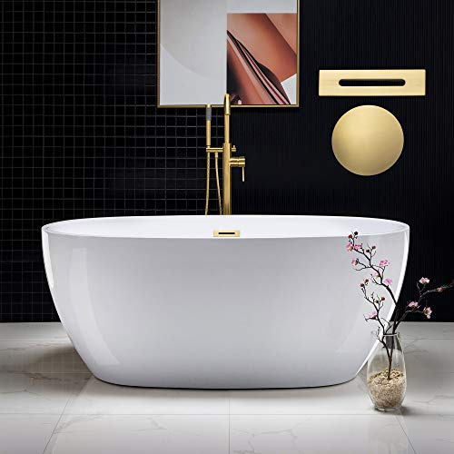 WOODBRIDGE 59Freestanding White Acylic Soaking Bathtub with Brushed Gold Drain and Overflow,BTA1518 -BG-Drain &O