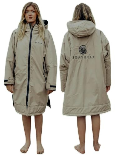 SEASHELL Wasserdichter Wickelmantel für Erwachsene mit Fleecefutter – Wasserdichter winddichter übergroßer Mantel – Schwimmen – Wassersport, sand, S