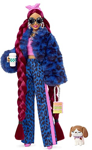 Barbie HHN09 - Extra Puppe in Leoparden-Print Hose und Pelzjacke, mit Haustier Welpe, extra langes Haar und Zubehör, Flexible Gelenke, Puppen Spielzeug für Kinder ab 3 Jahren, Mehrfarbig