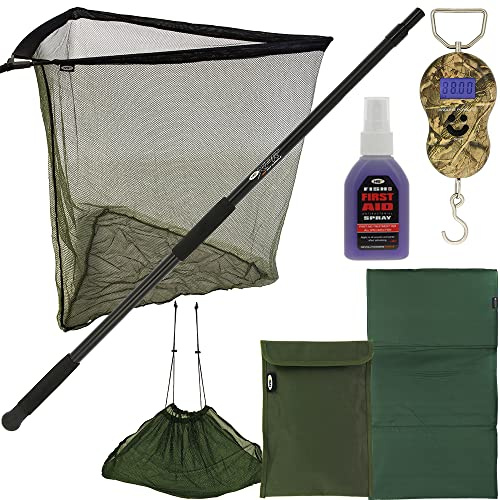 DNA Leisure 42'' Carp Fishing Net 2m Handle Screw Fix Unhooking Mat Weighing Sling & Scale LCD Fish Aid Spray Deluxe Case Bundle, Green