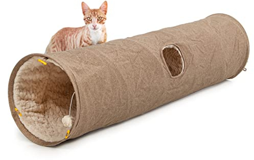 CanadianCat Company | XXL Spieltunnel für Katzen mit Kuschelfell | beige | ca. 35 x 150 cm - Variable Form, integriertes Katzenspielzeug