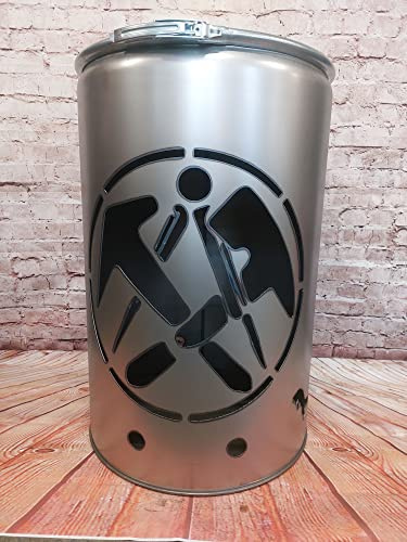 Fuchsbau Feuertonnen Feuertonne mit - Dachdecker - Motiv - Gefertigt aus neuem Ölfass - Besondere Feuerstelle für Garten und Terrasse - Hohe Feuerschale mit Rostoptik - 90 x 60 cm
