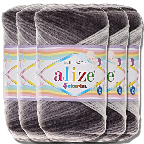 Hobby YARN Alize Sekerim Bebe Batik 5x 100g Türkische Premium Wolle aus Acryl Babywolle Strickwolle mit Farbverlauf Pastell Farbe Yarns für Babys Amigurumi (2881)