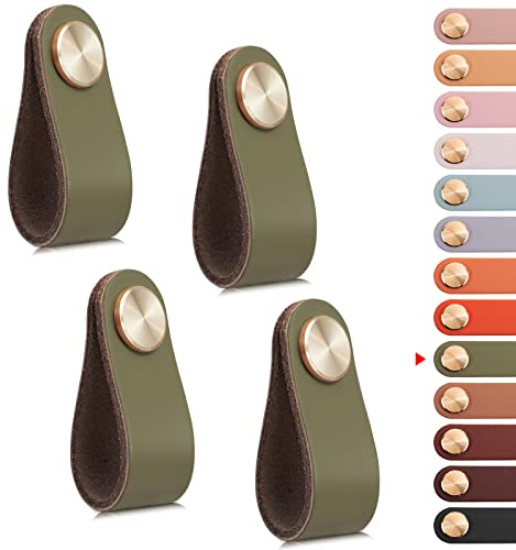 LEREATI 4pcs Poignée Meuble Cuir, Bouton Porte Placard Poignee Simili Cuir Bouton de Tiroir, Poignee de Meuble Vintage pour Armoires, Commode, Cuisine, Salle de Bain (Vert, Monotrou)
