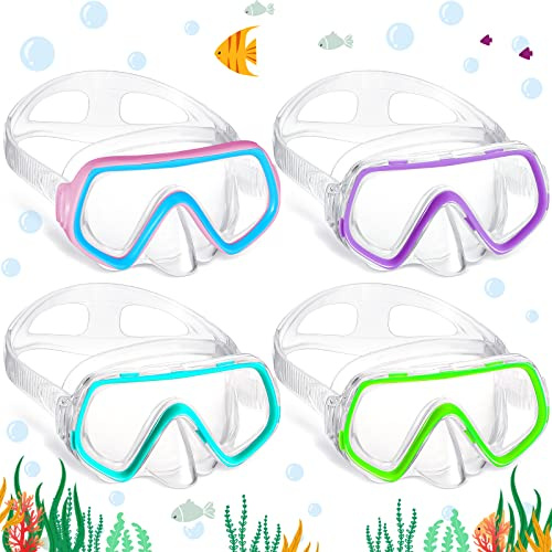 Hoolerry 4 Pcs Kids Nose Goggles Swim Goggles with Nose Cover for 3-8 Tempered Glass Snorkel Dive Mask Anti Fog with Elastic Strap No Leak Swimming Mask for Summer Diving Snorkeling(Exquisite Colors)