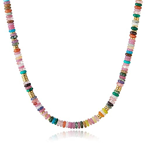 KissYan Boho Beaded Choker Necklace for Women, Gemstone Choker Natural Stone Freshwater Pearl Surfer Necklaces 14K Gold Plated Summer Beach Handmade Jewelry(05)