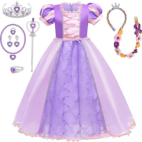 Tacobear Prinzessin Kostüm Kinder Prinzessin Kleid Mädchen mit Perücke Krone Zauberstab Ring Ohrringe Zubehör für Karneval Geburtstag Mädchen2 3 4 5 6 7 Jahre