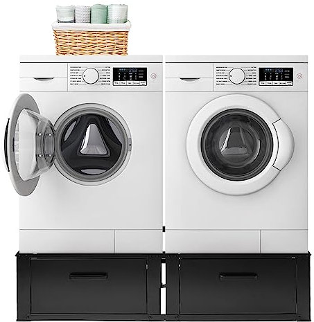 Vonia Waschmaschinen Untergestell mit 2 Schubladen, Doppel Podest für Waschmaschine und Trockner, Stahl Sockel, Stabil & 200kg Tragkraft, 127 x 54 x 31 cm, Schwarz