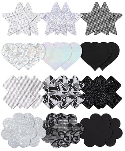 Tripetals 12 Paare Nippelpads Sexy Einweg, Glitz Pasties Pack Rave & Festivals Nipple Pads Selbstklebend Herz - Stern - Blumen & Kreuzform Brustwarzenabdeckung Sticker