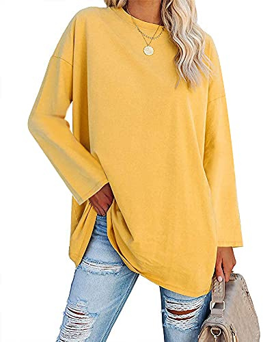 Ebifin Oversized T Shirts Women Long Tops Long Sleeve T Shirt Crewneck Tunic Tops Bluse Sweatshirts.Yellow.L