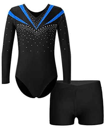 TiaoBug Turnanzug Mädchen Langarm Gymnastikanzug mit Strassstein Streifen Eiskunstlauf Body Training Leotard mit Shorts Turn Kleidung Set Blau 146-152