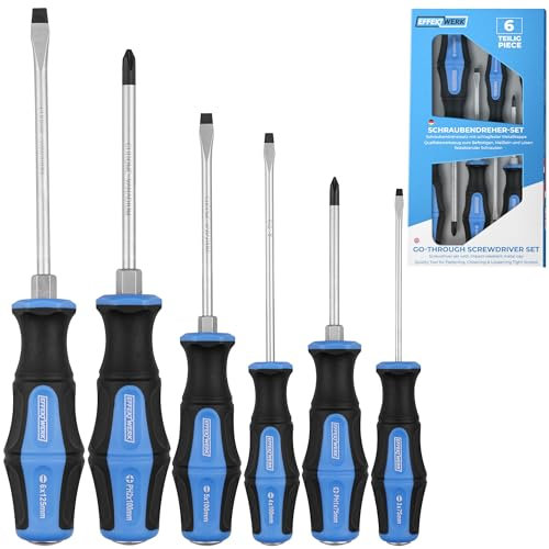 EffektWerk - Set di cacciaviti da 6 pezzi con tappi in metallo resistente - 4 cacciaviti a testa piatta e 2 cacciaviti a croce con punte magnetiche e impugnature ergonomiche