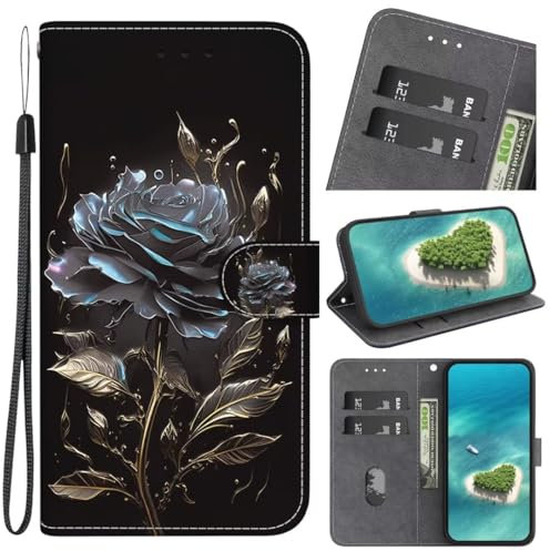 KRjcsfhy Hülle Case für Sony Xperia ACE 3, Lederhülle [ Premium Echtleder] [RFID Blocker] [Kartenfach] [Magnet] TPU Stoßfeste Klapphülle TPU Schutz für Sony Xperia ACE 3,Schwarze Rose