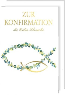 Konfirmation Karte Grußkarte Fisch Gold Blätterkranz Prägung Foliendruck 16x11cm