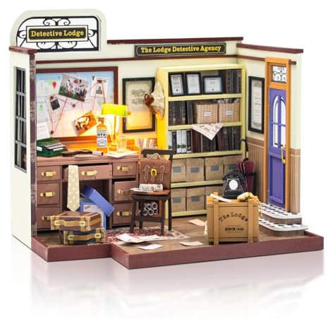 Cuteefun DIY Miniatur Haus Puppenhaus, Holzpuppenhaus mit LED, Winziges Haus Bausatz für Erwachsene zum Bauen, Einzigartiges Geschenk zum Geburtstag Weihnachten(Detektivhütte)
