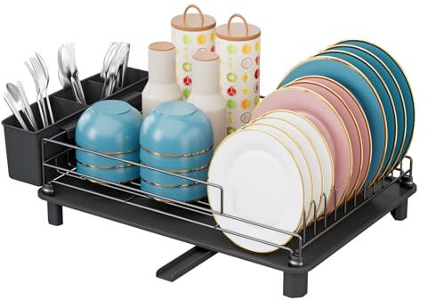 E-MANIS Abtropfgestell, Einlagige Geschirr Abtropfständer, mit Tropfschale und Spiraldüse, Abtropfgestell Geschirr,Geschirrabtropfgestell mit Abnehmbarem Besteckhalter