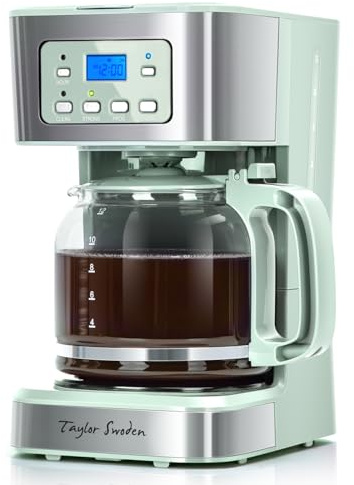 Taylor Swoden 12-Cup Programmable Coffee Maker, Regular & Strong Brew Drip Coffee Machine for Home and Office, Glass Carafe, Pause & Serve, Auto Shut Off, Green & Stainless Steel