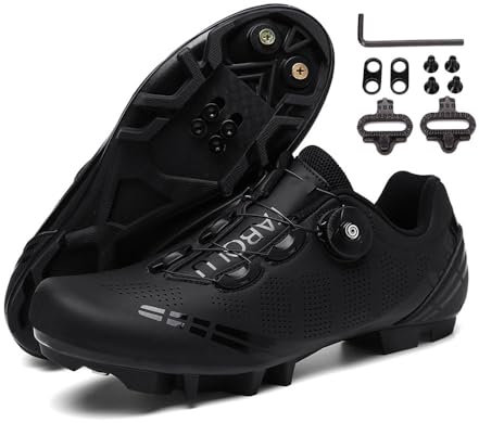 Treer Fahrradschuhe Herren Damen Mountain Bikes Schuhe, Schwarz 42 EU Rennradschuhe mit Cleats SPD Schuhe Rennrad Schuh Kompatibel Outdoor Radschuhe Fahrrad Indoor Spin